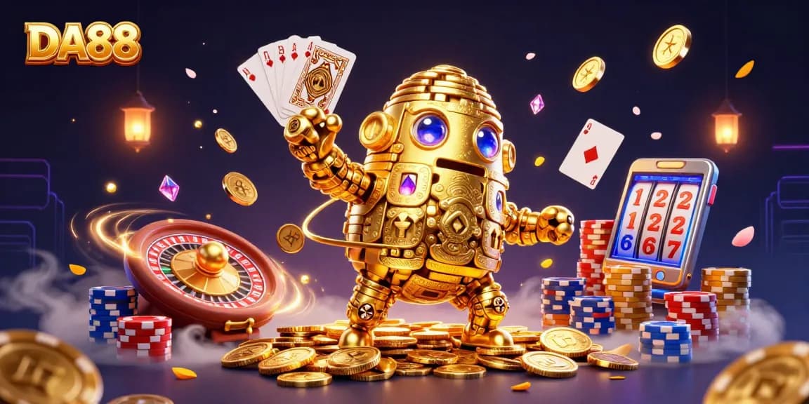 Experience DA88 with a vibrant illustration of a golem made of coins amidst casino elements and lucky symbols.