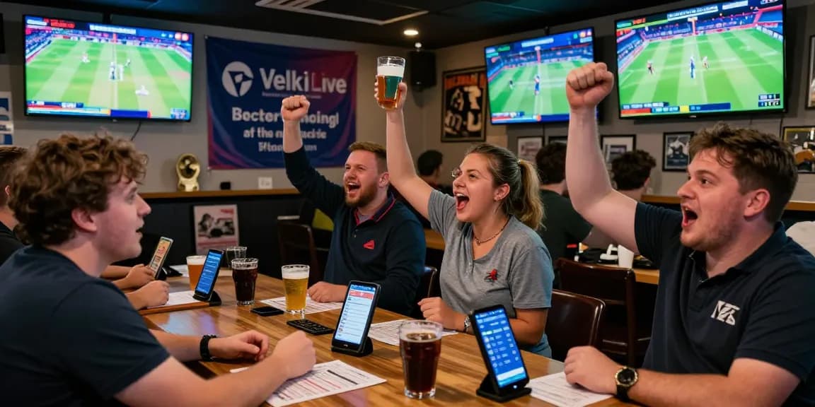 Experience Velki Live with fans enjoying cricket and football in a sports bar.