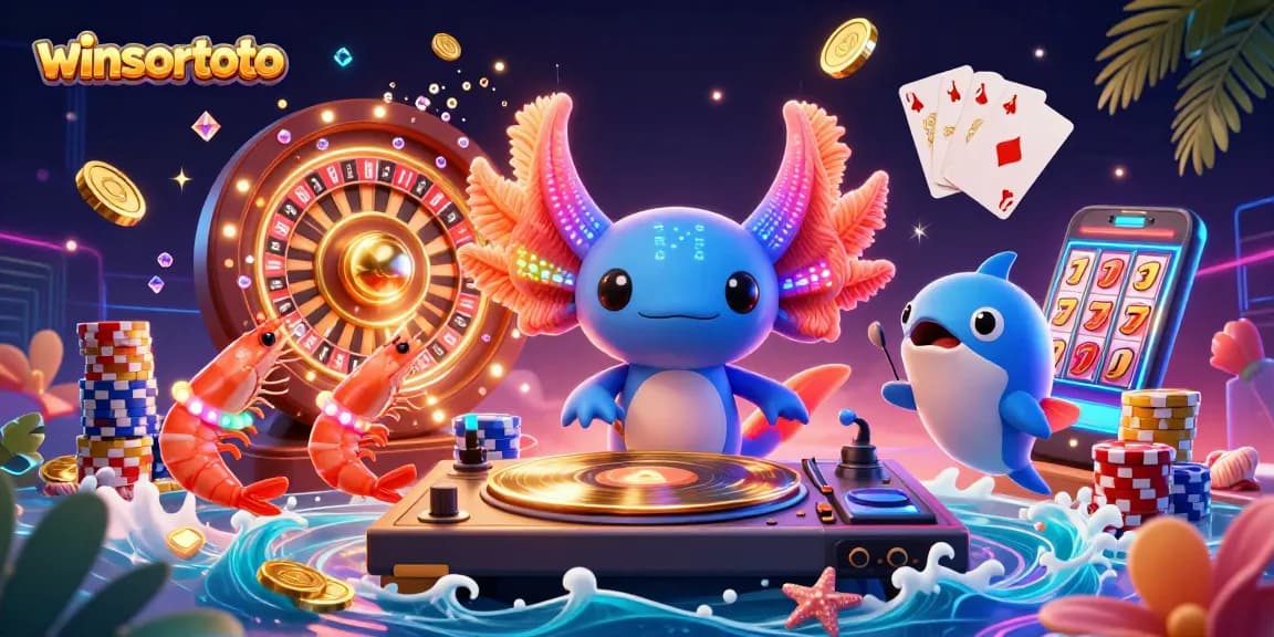 Witness the energetic winsortoto scene with a vibrant DJ axolotl and dynamic game elements.