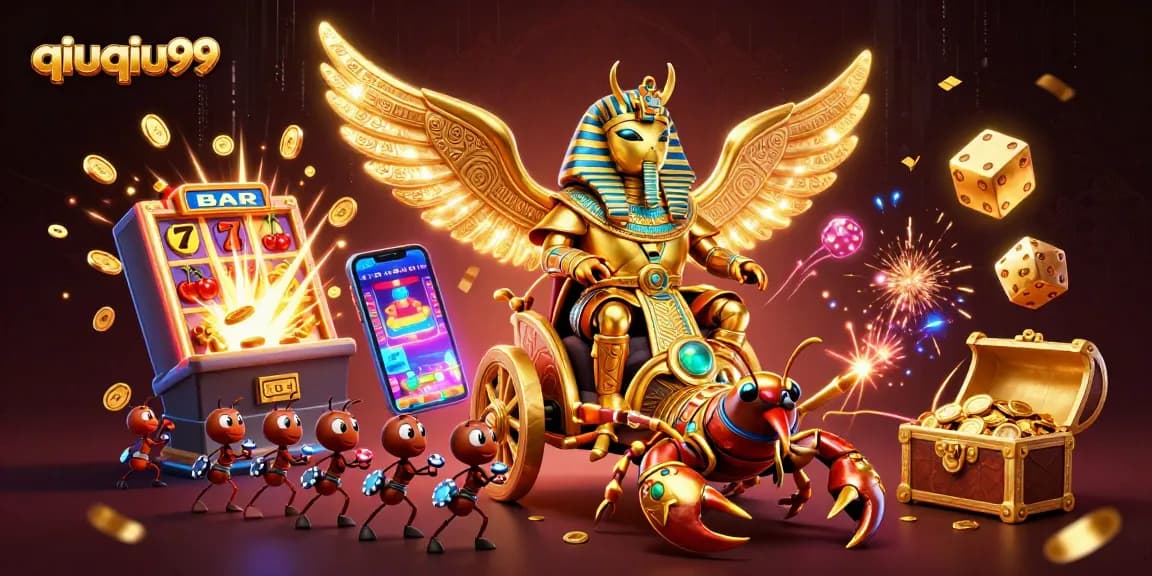 Experience qiuqiu99 gaming excitement with a dynamic 3D illustration of epic casino elements.