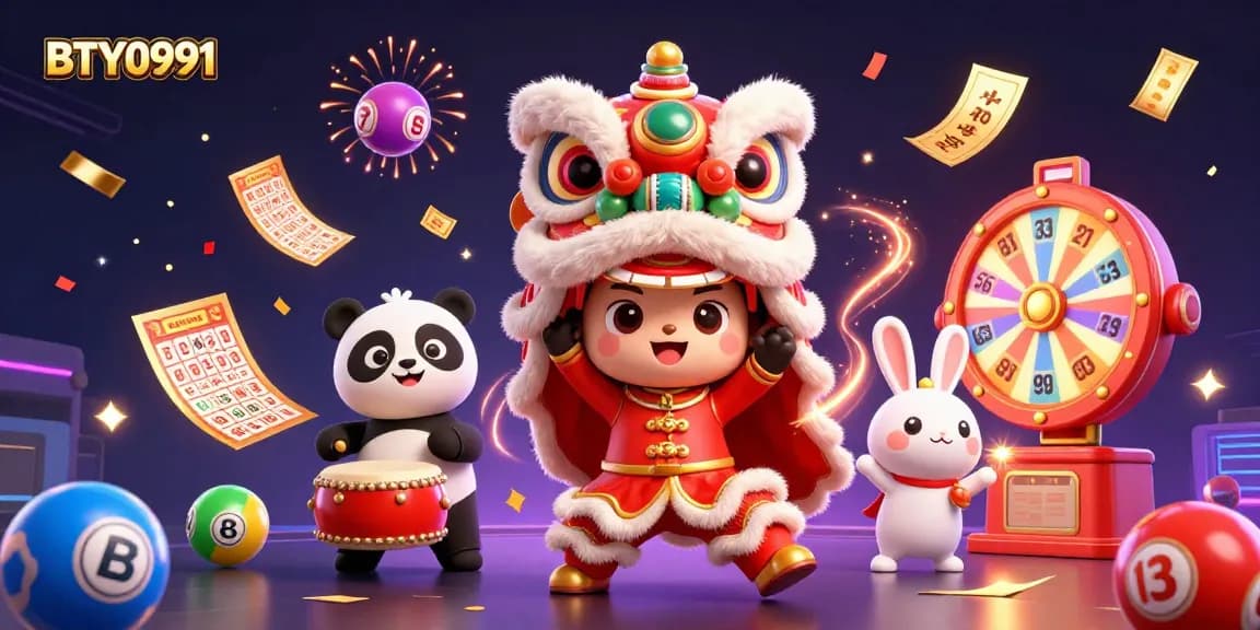 Experience exhilarating moments with BTY0991 as lottery balls bounce and characters dance in a vibrant casino scene.