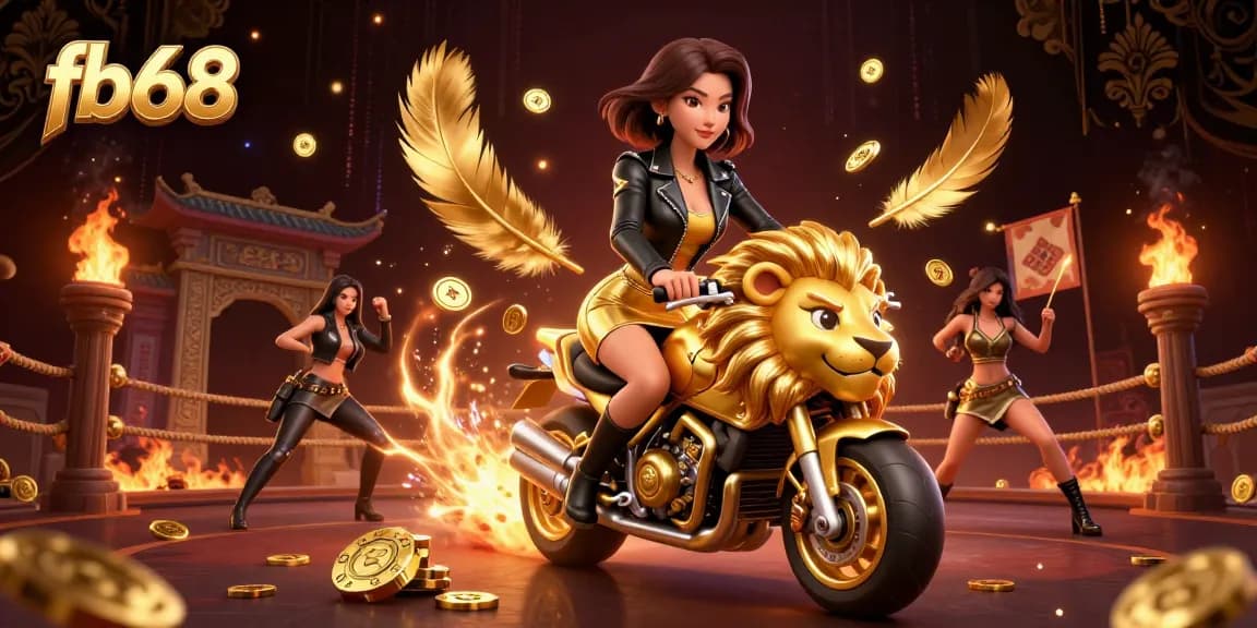 Experience thrilling gameplay at fb68 with a glamorous Asian character riding a golden lion in a vibrant casino atmosphere.