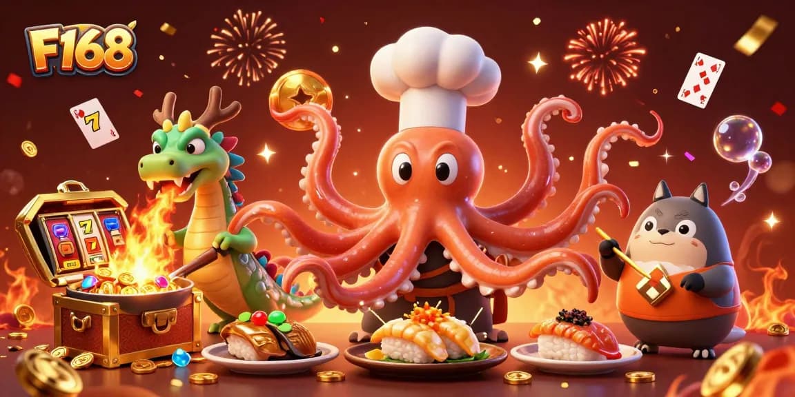 Play exciting games at F168 with immersive visuals of a sushi chef octopus, dragon, and tanuki.