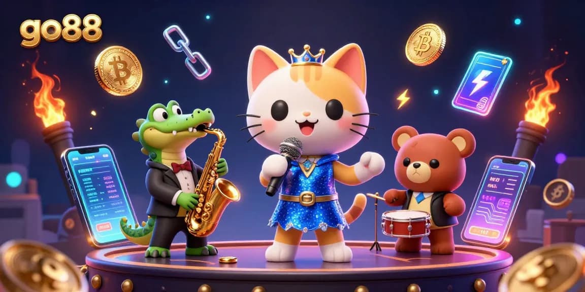 Join the go88 gaming adventure with vibrant characters performing in a lively casino setting.