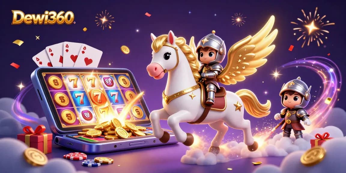 Mainkan Dewi360 dengan ponsel 3D, menampilkan mesin slot dan karakter dalam suasana magis.