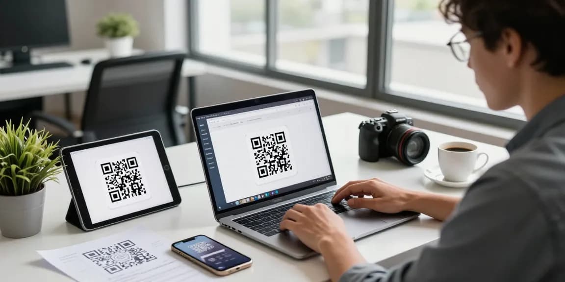 Using a qr code scanner on laptop with multiple devices and QR codes in a modern office environment.