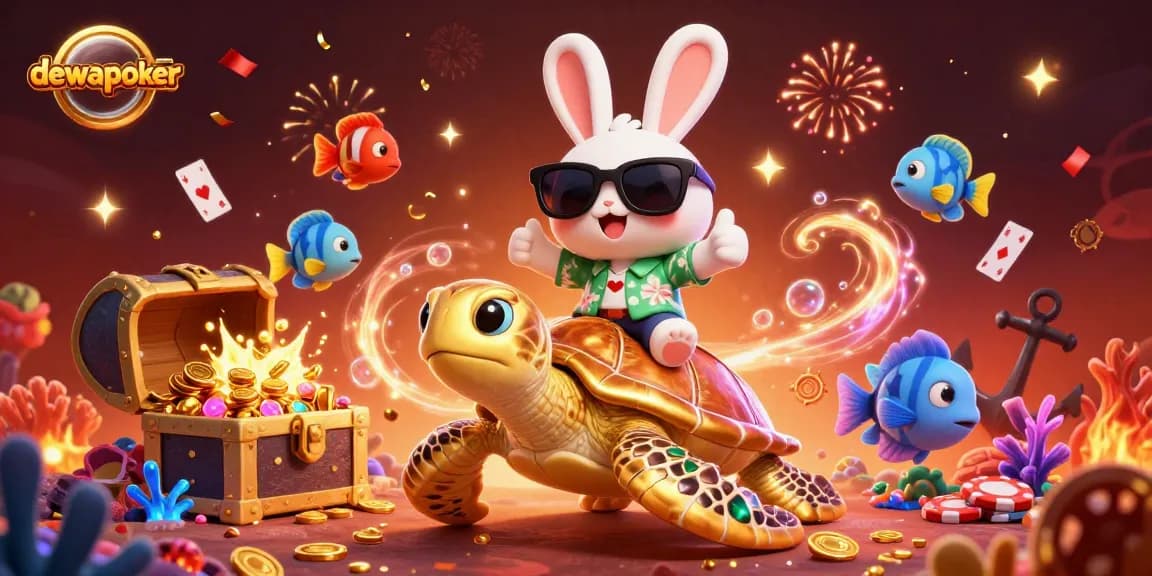 Dewapoker showcases winning strategies with a lucky rabbit and golden turtle in a vibrant casino scene.