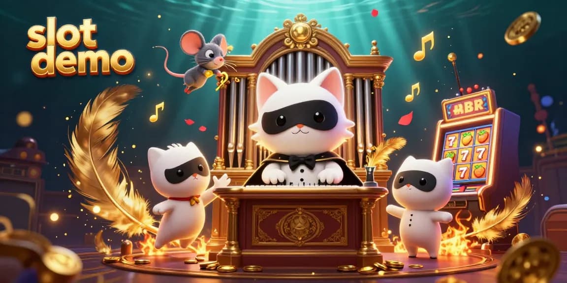 Slot demo menampilkan slot mesin dengan karakter kucing misterius dan akrobatik mouse di latar belakang kasino yang megah.