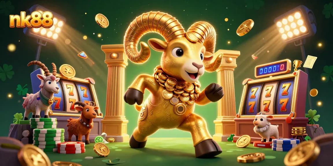 Experience thrilling gambling at nk88 with dynamic slot action featuring a golden ram and vibrant casino elements.