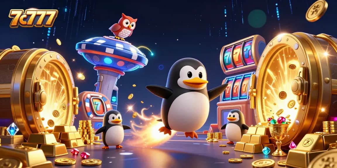Experience excitement with 7c777 as a golden penguin ventures toward a casino station surrounded by wealth.