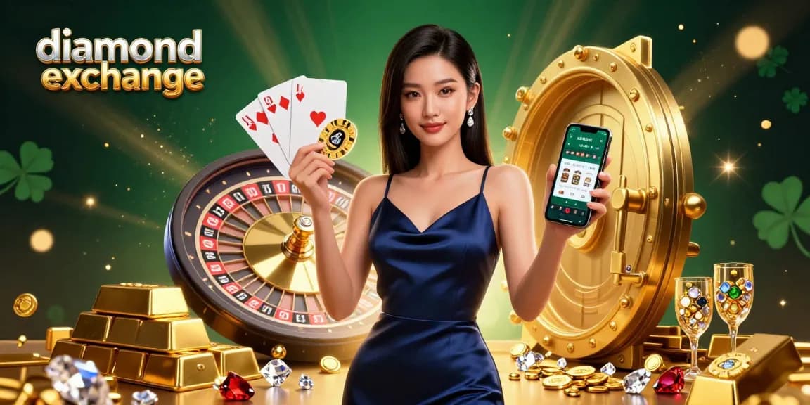 Place bets on the diamond exchange with an elegant woman showcasing her winning strategy in a casino.