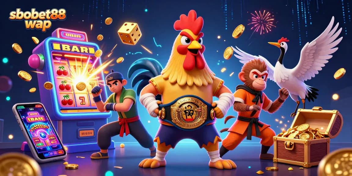 Experience sbobet88 wap with a dynamic 3D illustration showcasing a Muay Thai rooster, Shaolin monkey, and crane master amidst casino elements.