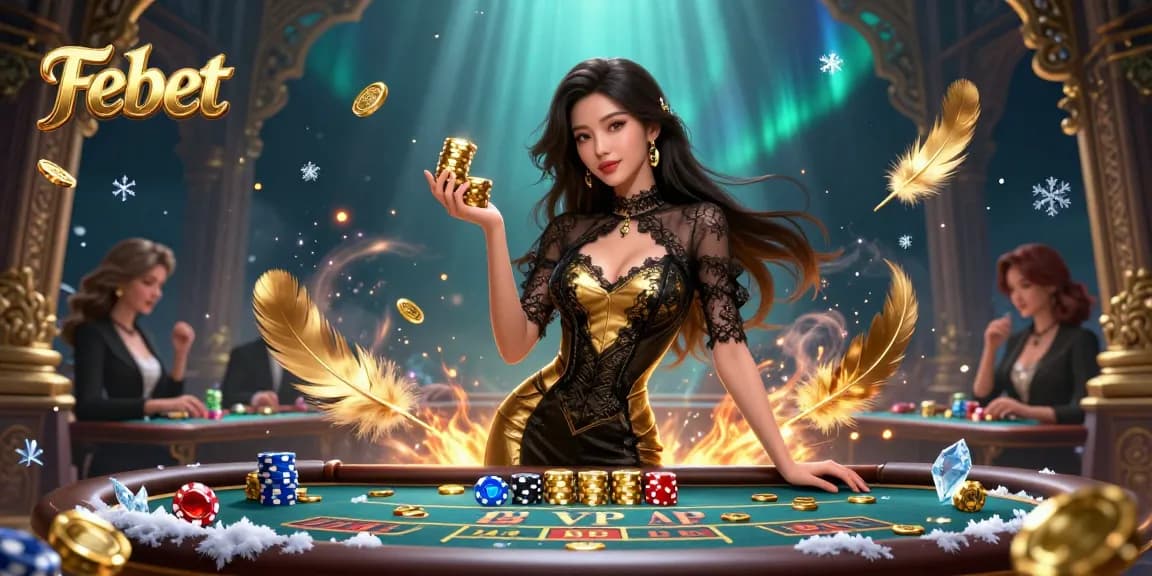 Febet showcases a glamorous Asian woman confidently playing baccarat with golden chips in a vibrant high-stakes casino.