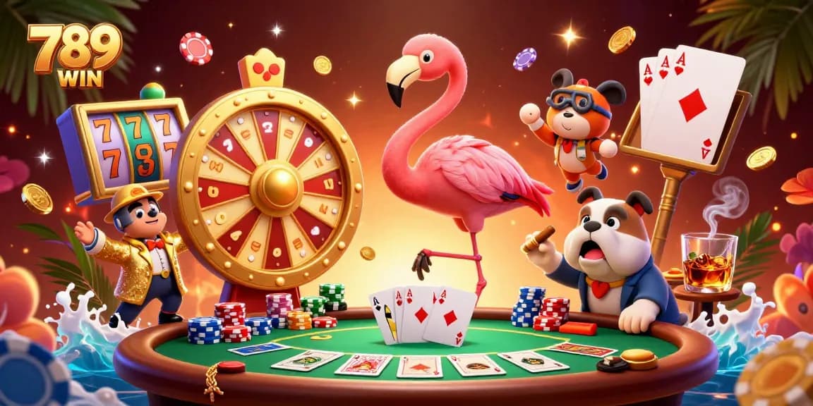 Spin to win with 789WIN in this vibrant casino scene featuring a game show host and excited dog.
