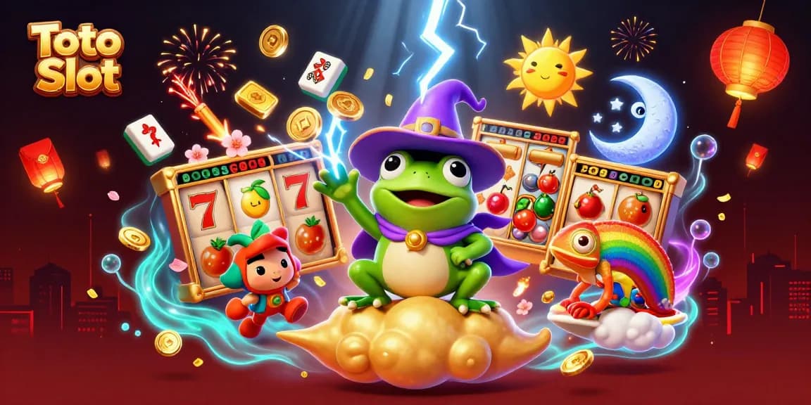 Toto Slot showcases thrilling gameplay with a wizard frog and rainbow chameleon amidst golden coins.