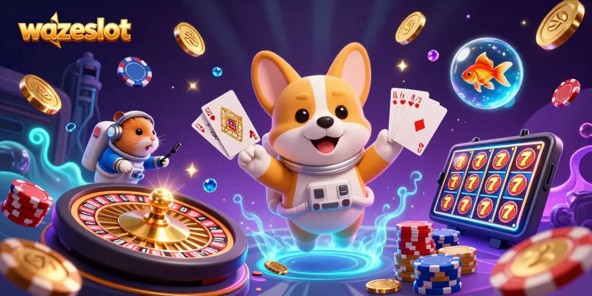 Wazeslot enhances your slot game experience with a vibrant 3D casino scene filled with coins and characters.