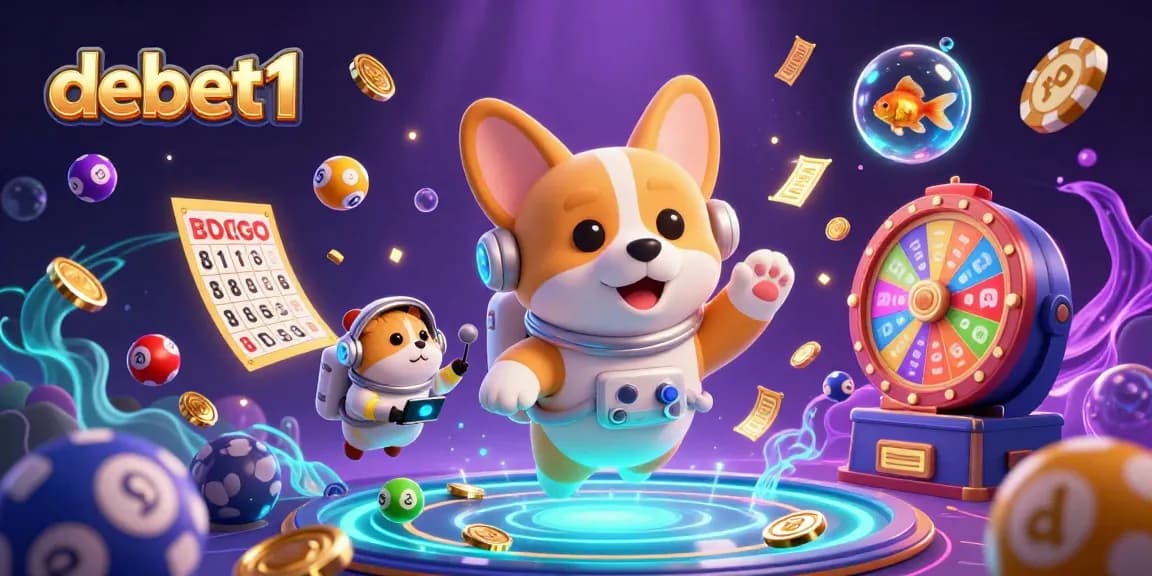 Engage with debet1 in a vibrant casino scene featuring floating characters and dynamic lottery elements.