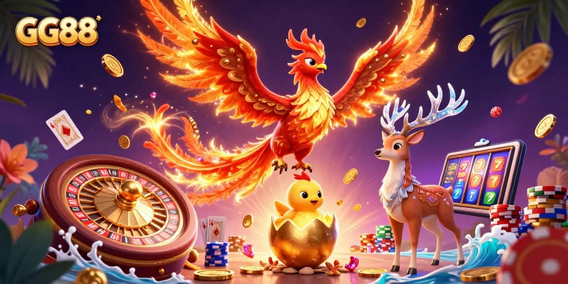Experience the thrill of GG88 with dynamic casino scenes featuring a phoenix, treasure, and gaming excitement.