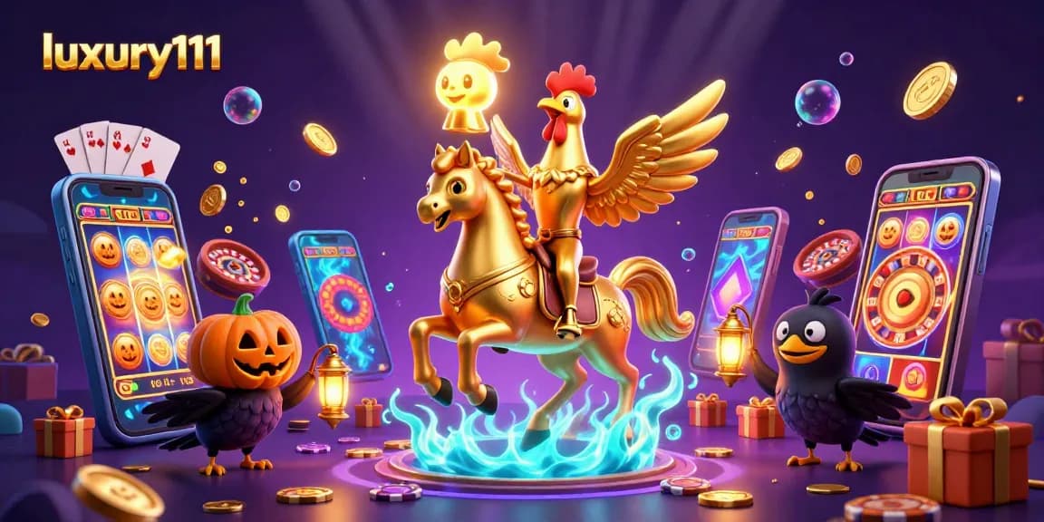 Engage with luxury111 in this dynamic casino scene featuring a golden rooster and game elements.