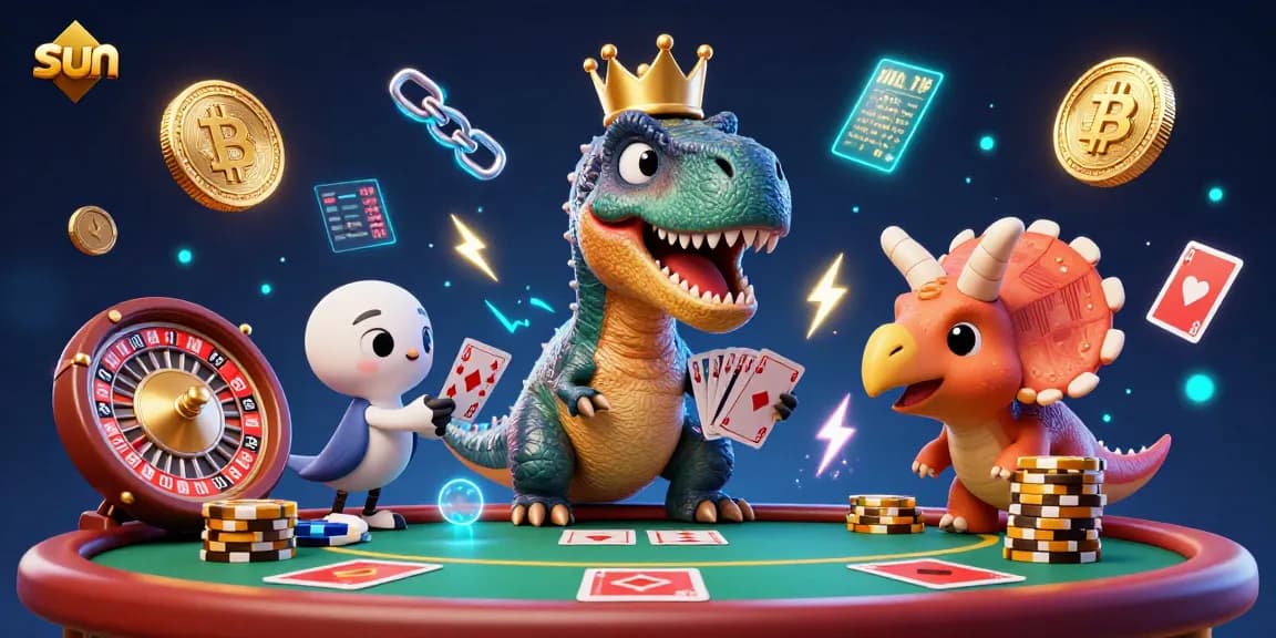 Engage with exciting casino action as the sun character T-Rex tries to shuffle cards in a vibrant gaming scene.