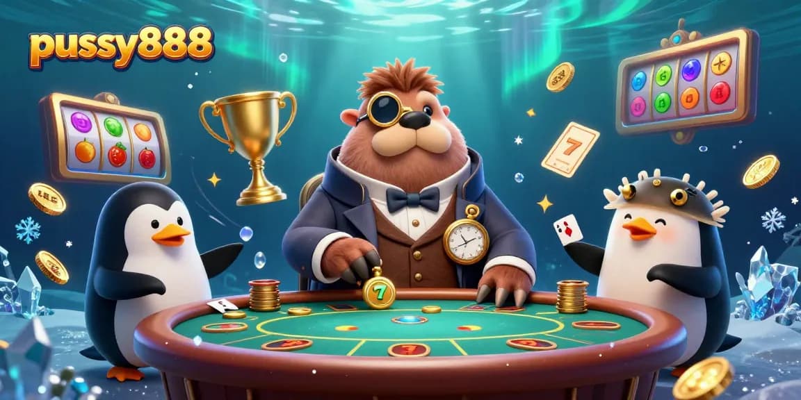 Play exciting games at pussy888 with colorful slot reels and animated characters.