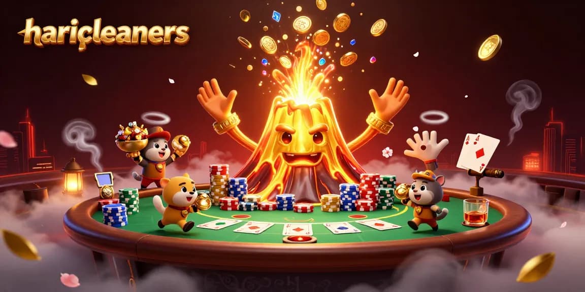 Engage with the haricleaners' vibrant casino scene featuring a golden volcano and poker elements.