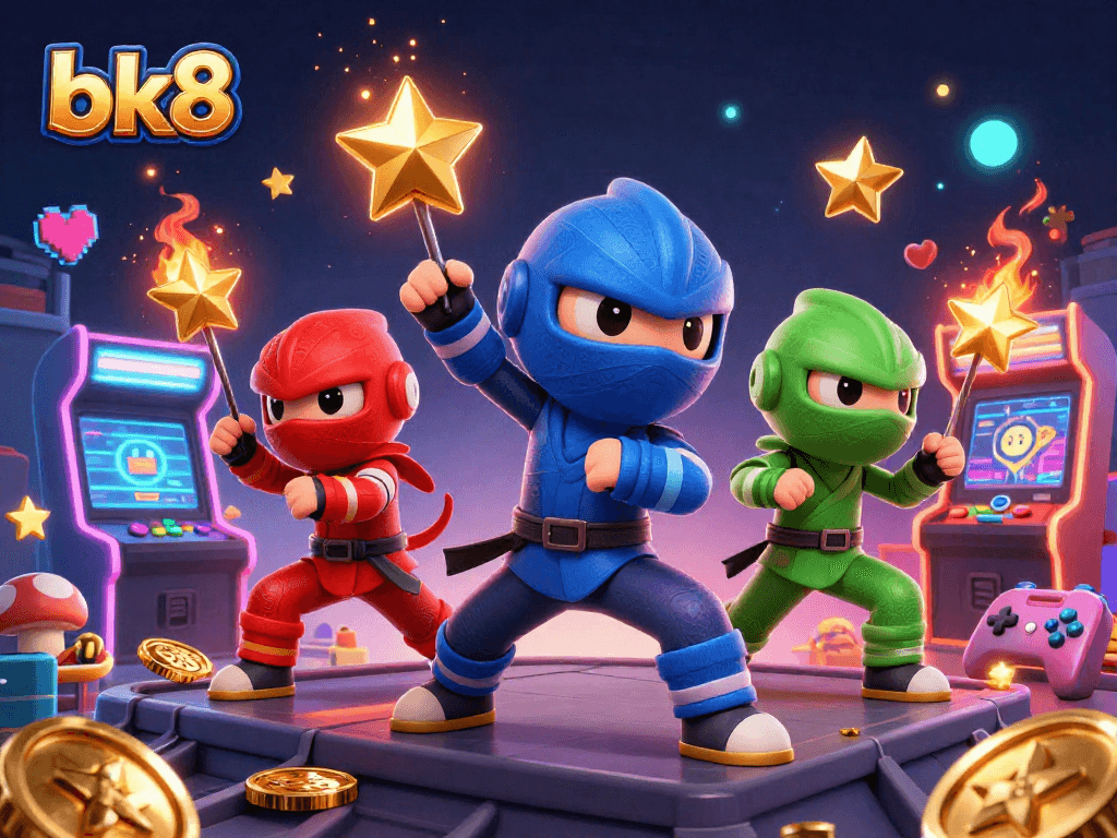Bet on bk8 with action-packed ninja chameleons in a vibrant casino-themed illustration.