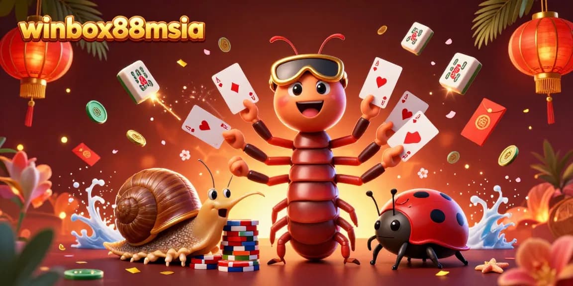 Winbox88msia showcases a vibrant 3D casino scene with a millipede dealer and thrilling game elements.