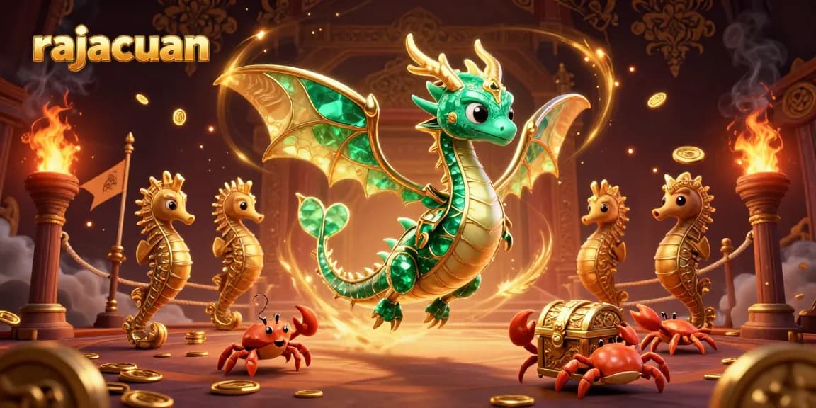 Engage with rajacuan's thrilling casino scene featuring a majestic sea dragon and vibrant gold elements.