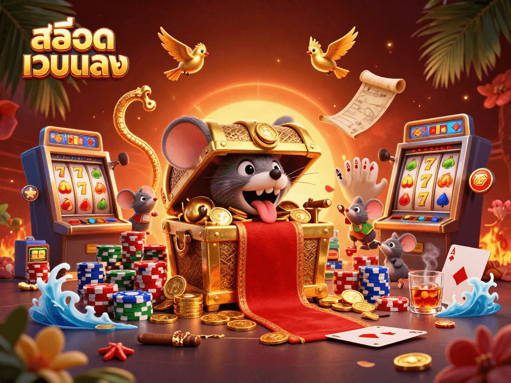 Experience the excitement of สล็อตเว็บตรง with a vibrant 3D casino illustration featuring a treasure chest and adventurer mice.