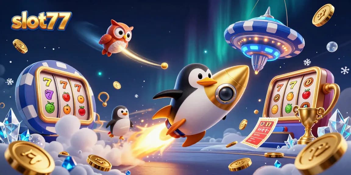 Spin the reels and win big with slot77 in a vibrant casino-themed space adventure.