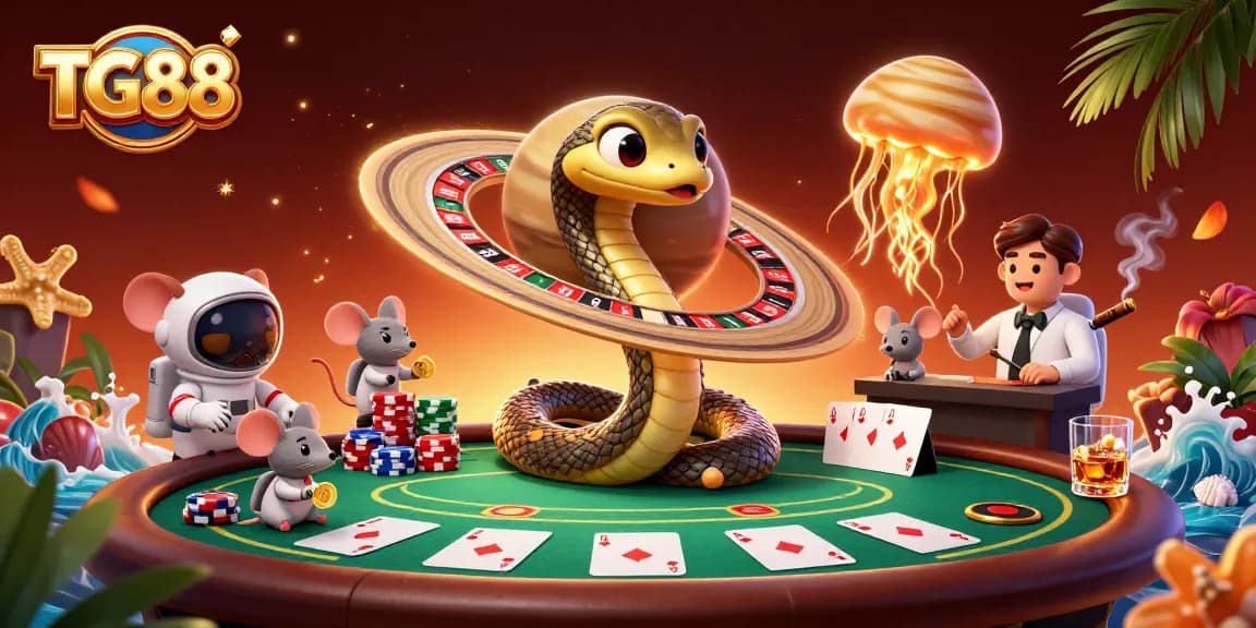 Engage with TG88's vibrant gambling universe featuring cosmic characters and poker excitement.