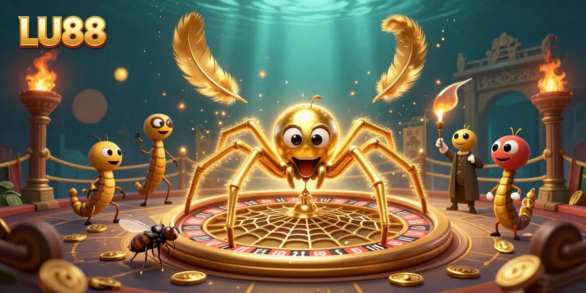 LU88 offers a thrilling betting scene with a golden spider spinning a roulette web amidst vibrant casino elements.