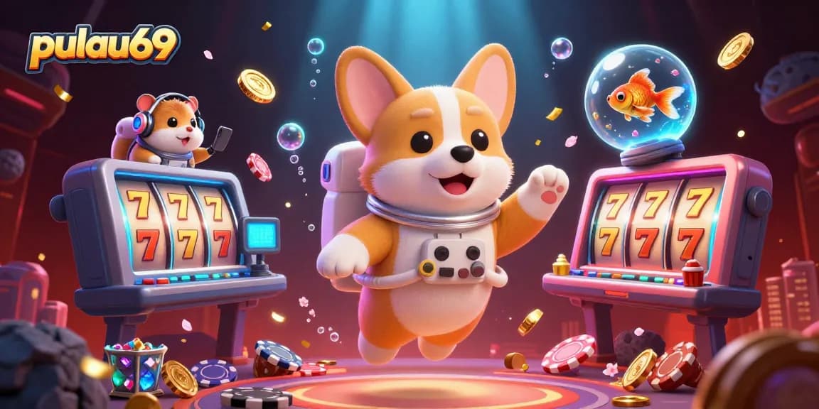 Engage with pulau69 in a vibrant slot gaming scene featuring floating characters and dynamic casino elements.