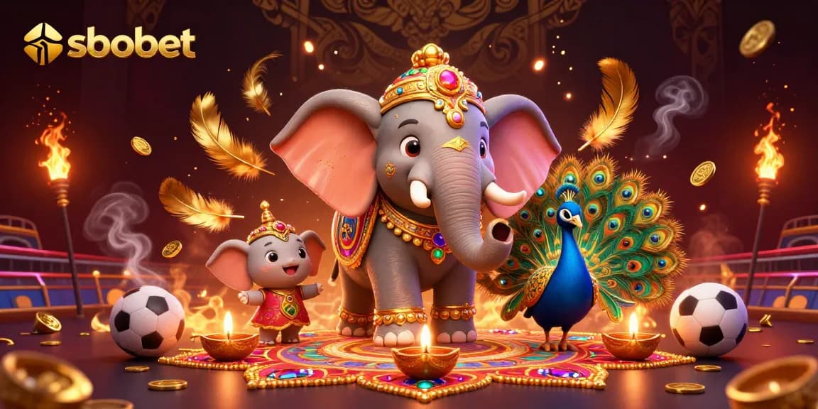 Sbobet sports betting action scene with Diwali-themed elephant, peacock, and dynamic elements.