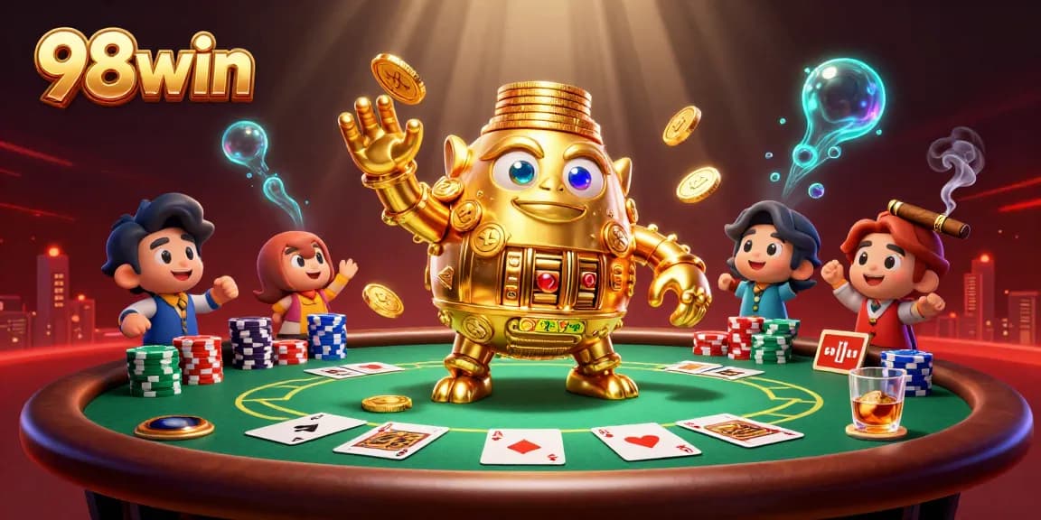 Engage in thrilling casino action at 98win with dynamic poker scenes and golden golems.