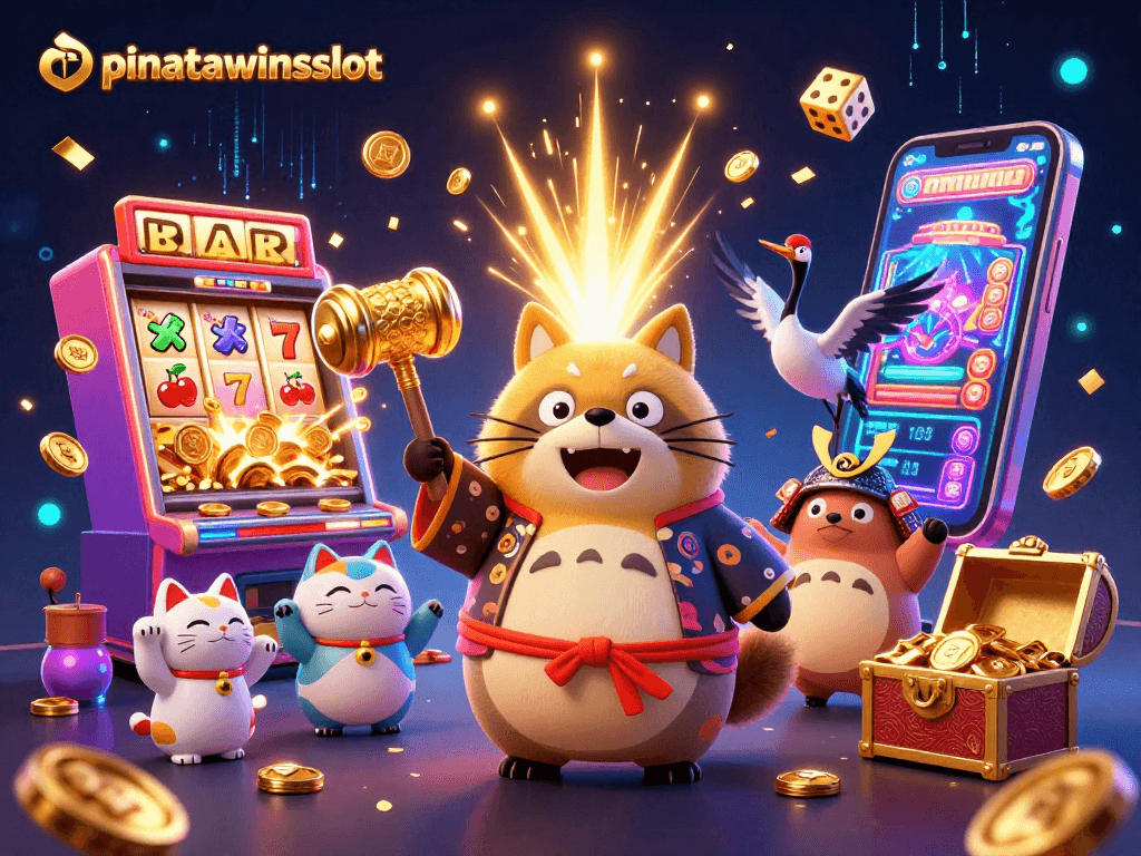 Experience exciting wins at pinatawinsslot as cheerful raccoon and colorful maneki-neko celebrate with jackpots.