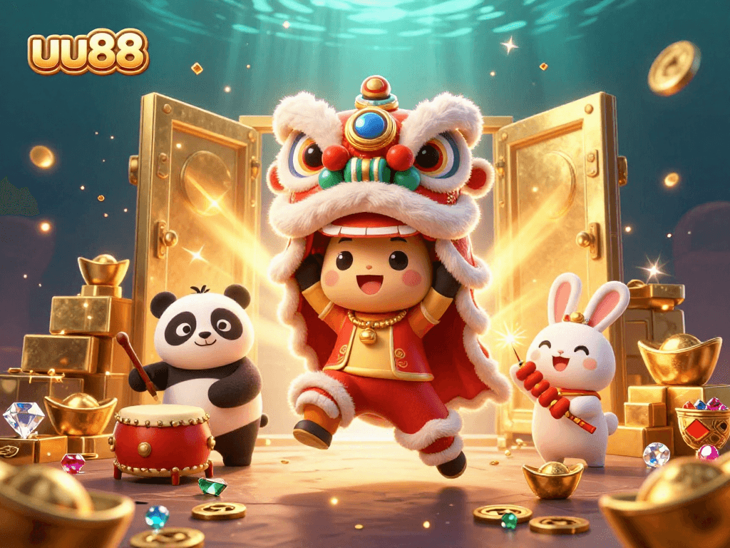 uu88 features a vibrant casino scene with lion dance characters amid glimmering treasures.