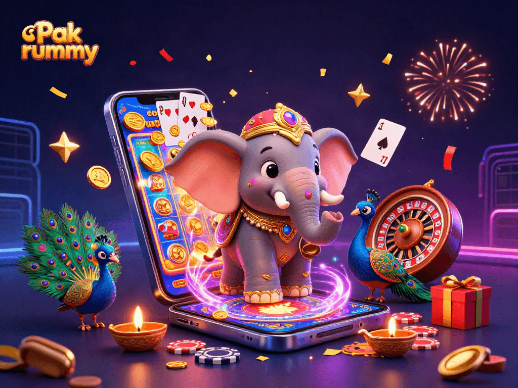 Experience thrilling gameplay in Pak rummy with vibrant visuals of games and festive characters.