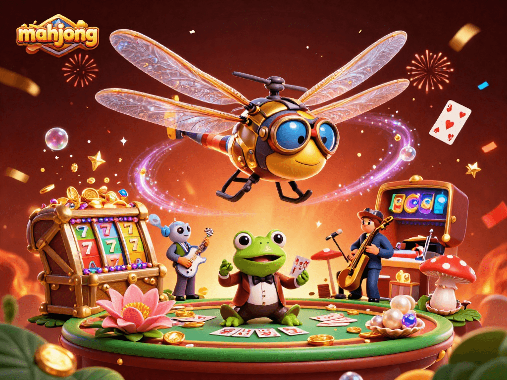 Experience thrilling mahjong with energetic characters and slot excitement in this vibrant scene.