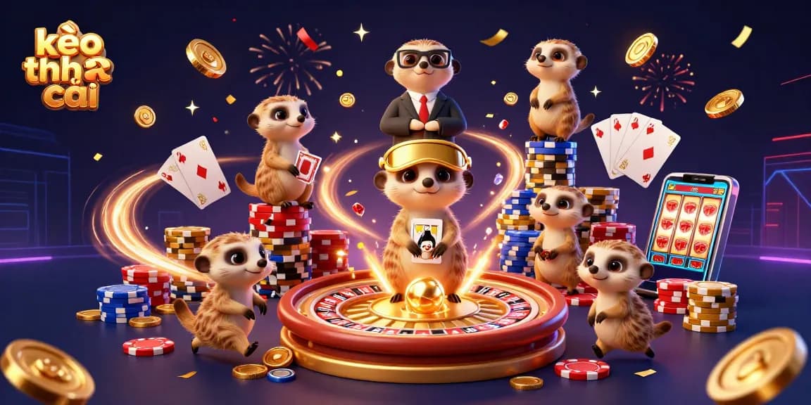 Kèo nhà cái reveals innovative gambling strategies through a vibrant meerkat casino scene, showcasing betting excitement.