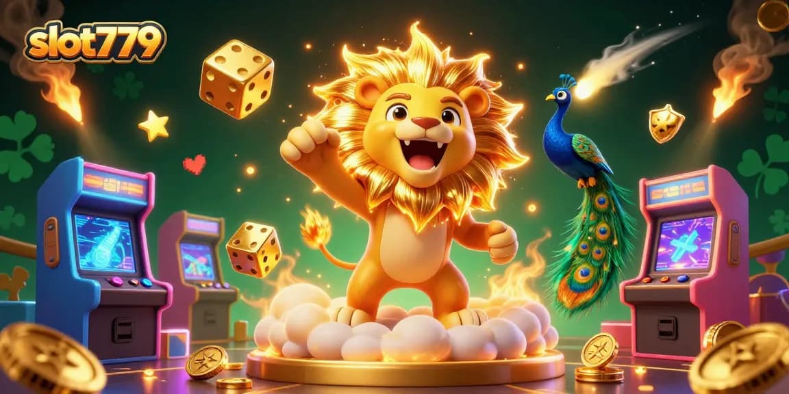 Experience exciting gameplay with slot779 amidst vibrant 3D illustrations of casino elements and characters.
