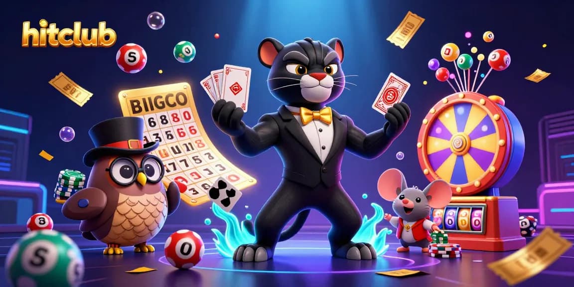 Hitclub features a vibrant casino scene with characters and lively elements, showcasing winning moments.