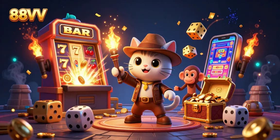 Experience thrilling gaming action with 88VV's vibrant casino scene featuring joyful characters and dynamic game elements.