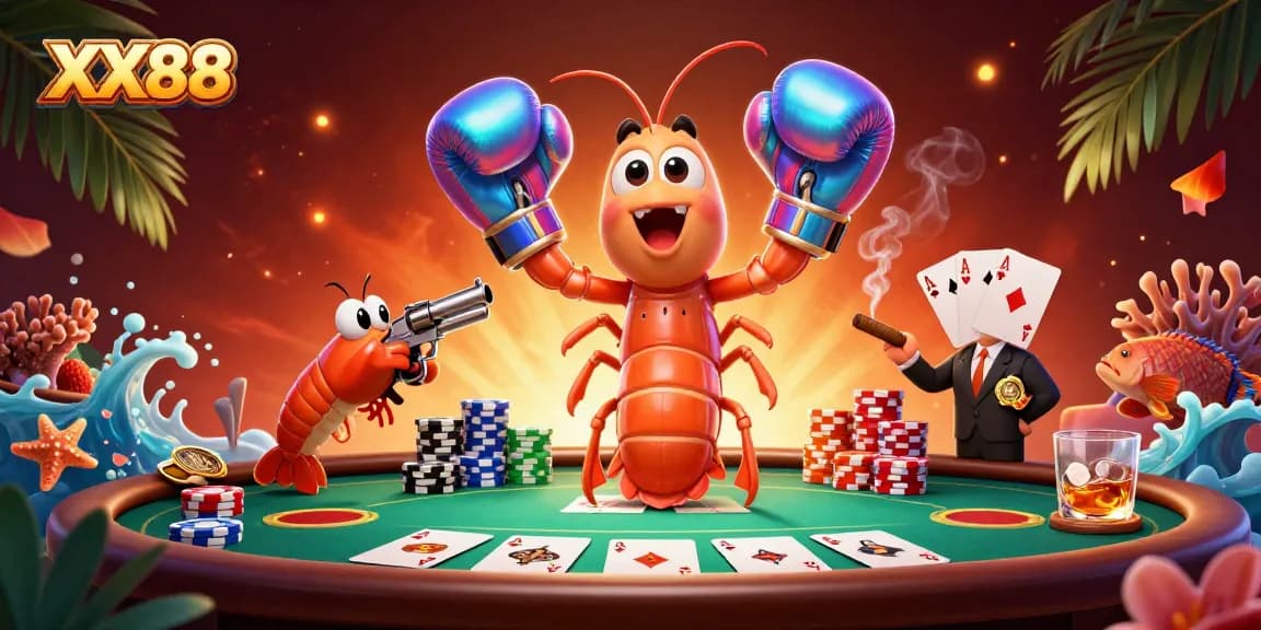 Engage with thrilling poker action at XX88 featuring vibrant characters and a bustling casino scene.