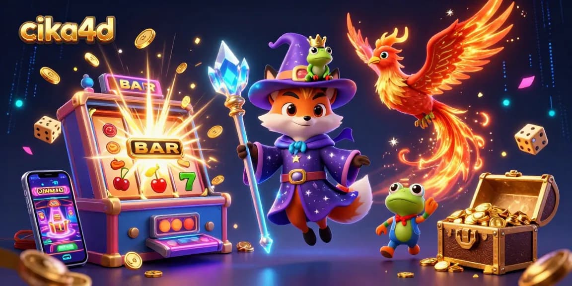 Spin jackpots with cika4d's cartoon wizard fox, phoenix, and golden treasures bursting in dynamic action.