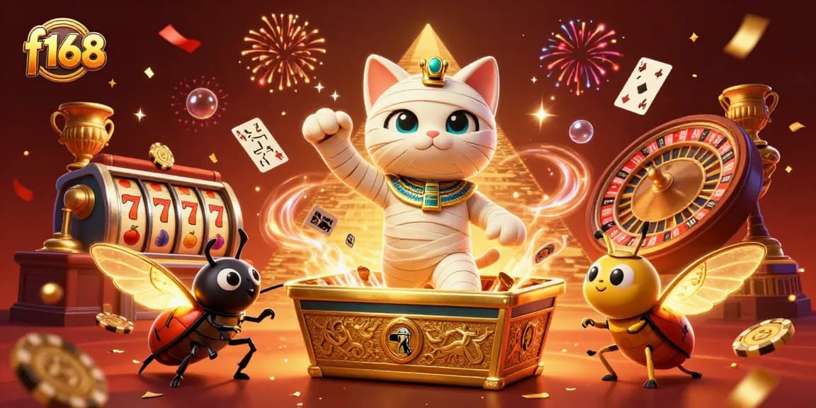 Experience the excitement of f168 with a vibrant 3D illustration showcasing lively casino elements.