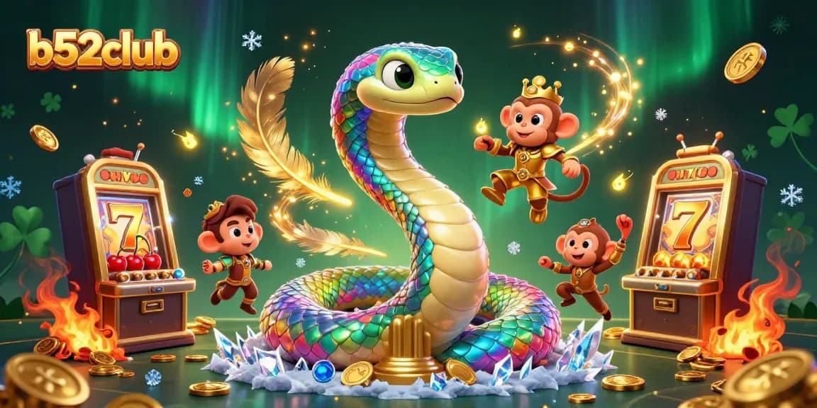 B52club showcases a vibrant casino scene with a colorful serpent and playful monkey amidst exciting slot game elements.