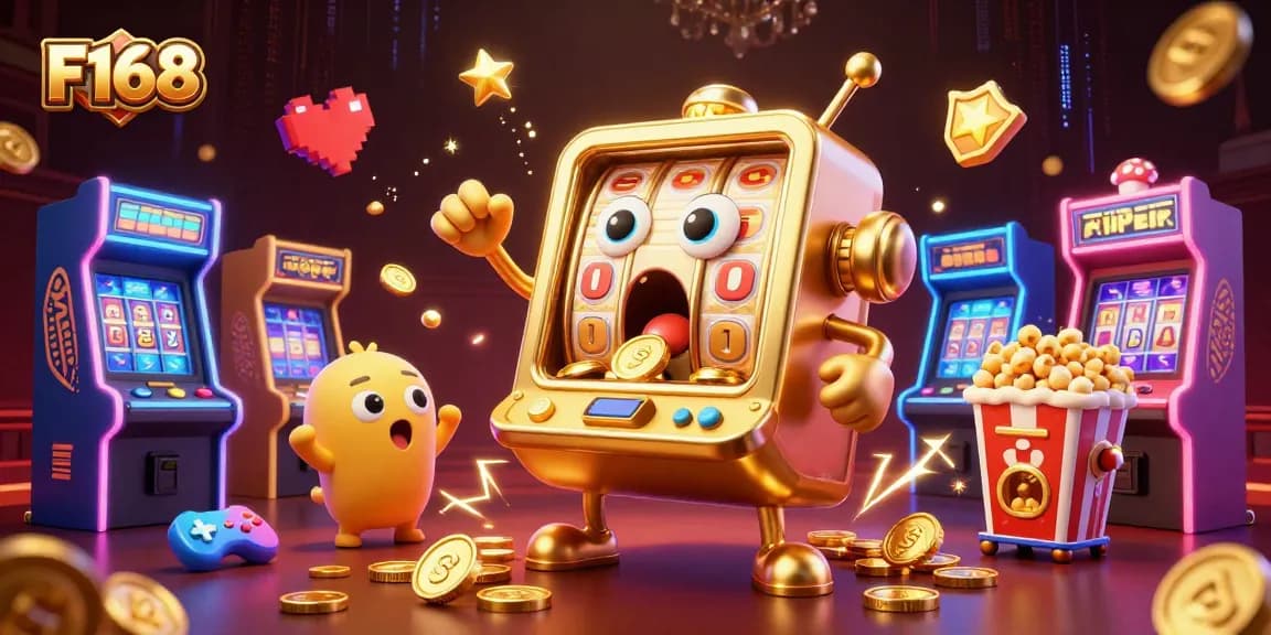 F168 slot machine celebrates a jackpot victory with coins streaming from its mouth in a lively casino scene.