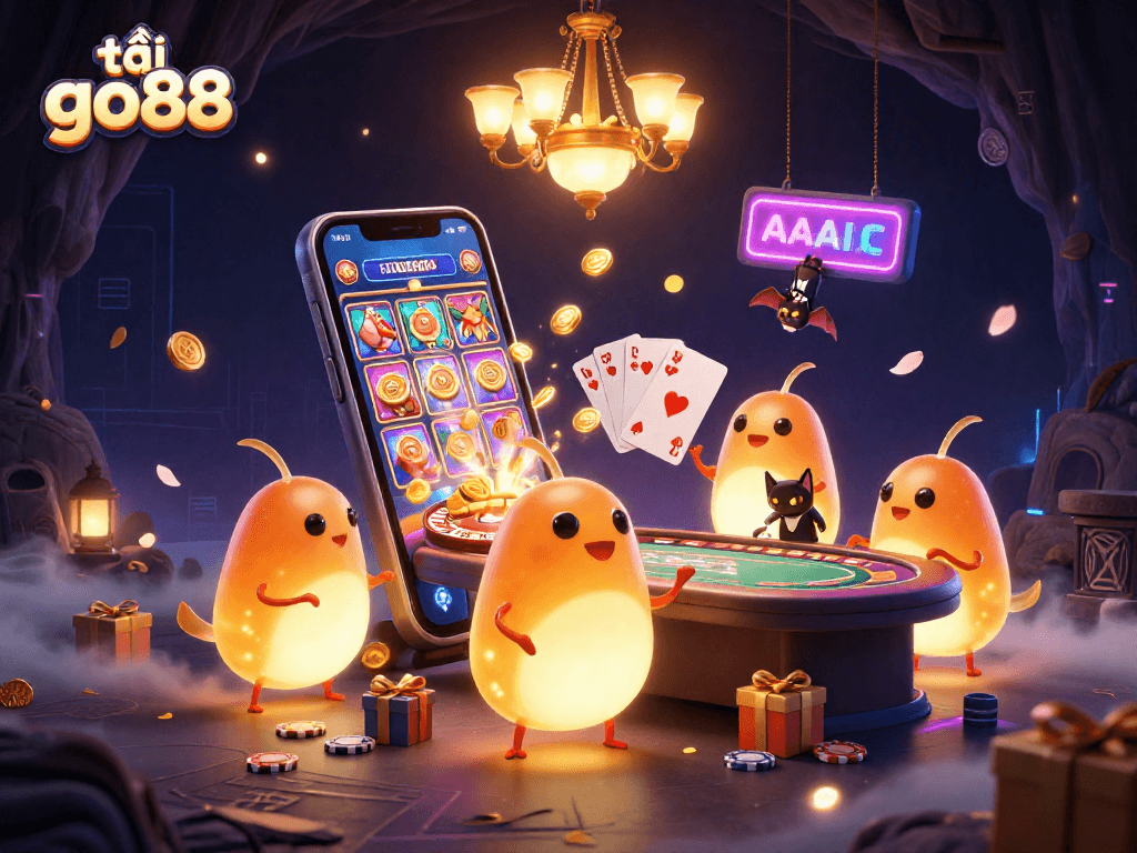 Experience the excitement at tải go88 casino with glowing characters amid vibrant gaming action.